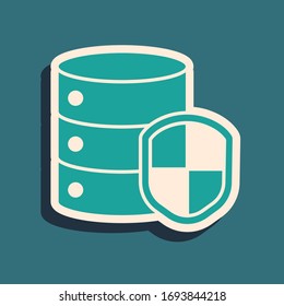 Green Server with shield icon isolated on green background. Protection against attacks. Network firewall, router, switch, data. Long shadow style. Vector Illustration