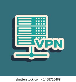 Green Server VPN icon isolated on blue background. Long shadow style. Vector Illustration