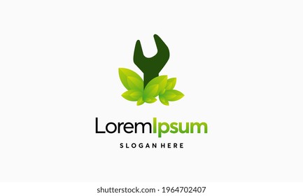 Plantilla de diseño de logotipo de servicio verde, logotipo del servicio de la hoja de árbol en llave ilustración de icono vectorial, plantilla de logotipo de hoja mecánica vectorial