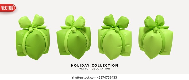 Green Set of air inflated helium gifts box. Blown polyethylene gifts boxes of square cubic shape. Collection of realistic 3d gift presents. Festive decorative design elements. Vector illustration