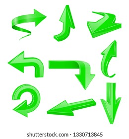 Green set arrows. 3d shiny icons. Vector illustration isolated on white background