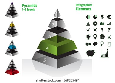 Green set of isometry symmetrical pyramid charts, diagram 5 levels with glass texture. Elements infographics. Vector