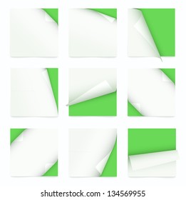 green set of note paper with curled corner