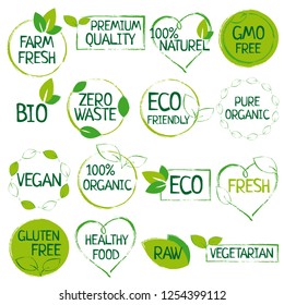 Green set of organic food, farm fresh, natural product, zero waste elements, labels, logos for vegan cafe, healthy life, food market, organic products, packaging.