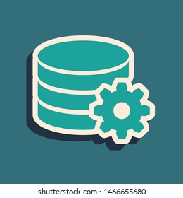 Green Setting database server icon isolated on blue background. Database Center. Long shadow style. Vector Illustration