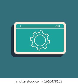 Green Setting icon isolated on blue background. Adjusting, service, maintenance, repair, fixing. Long shadow style. Vector Illustration
