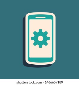 Green Setting on smartphone icon isolated on blue background. Mobile phone and gear. Adjusting, service, setting, maintenance, repair, fixing. Long shadow style. Vector Illustration