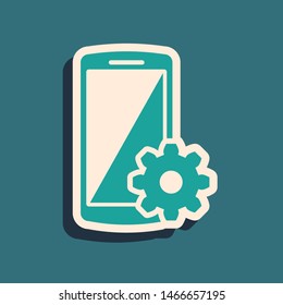 Green Setting on smartphone icon isolated on blue background. Mobile phone and gear. Adjusting, service, setting, maintenance, repair, fixing. Long shadow style. Vector Illustration