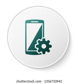 Green Setting on smartphone screen icon on white background. Mobile phone and gear sign. Adjusting app, set options, repair, fixing phone concepts. Green circle button. Vector Illustration
