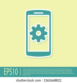 Green Setting on smartphone screen icon on yellow background. Mobile phone and gear sign. Adjusting app, set options, repair, fixing phone concepts. Flat design. Vector Illustration
