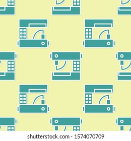 Green Sewing machine icon isolated seamless pattern on yellow background.  Vector Illustration