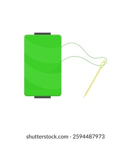 green sewing thread and yellow needle. sewing equipment and materials. garment industry. tailor. vector illustration