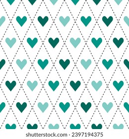 Green shade argyle pattern with heart inside. Argyle vector pattern. Argyle pattern. Seamless geometric pattern for clothing, wrapping paper, backdrop, background, gift card, sweater.