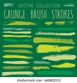 Green shade ink paint brush splashes, watercolor brushstroke lines vector collection. Marker pen highlighting traces set. Acrylic smudges, dye stains, color combination. Graffiti hand painted dabs.