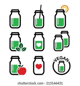 Green shake, green smoothie jar icons set   