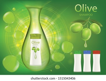 Green shampoo pack in water with bubbles on background green. illustration vector