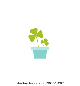 Green shamrock in blue pot illustration isolated on white. Clover leaf. St Patrick day vector. Irish symbol. Logo for eco company, nature firm, ecology, healthy organic and farm fresh food