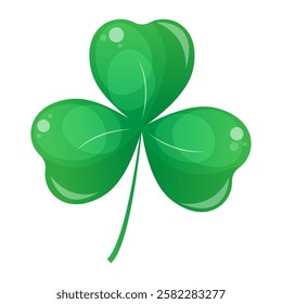 Green shamrock. Bright clover symbolizing luck and the spirit of St. Patrick's Day. Cartoon leaf on isolated white background. Vector.