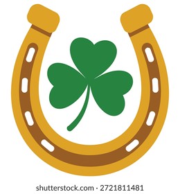 A green shamrock centered inside a golden horseshoe symbolizing luck and Irish heritage.