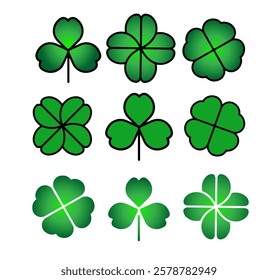 Green Shamrock clover icon.St Patrick day symbol, leprechaun leaf sign. Logo illustration. Shamrock clover flat decorative element. 