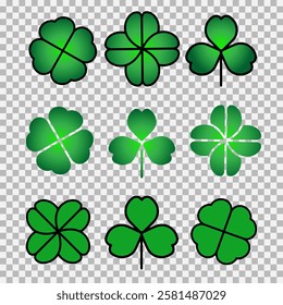 Green Shamrock clover icon.St Patrick day symbol, leprechaun leaf sign. Logo illustration. Shamrock clover flat decorative element. 