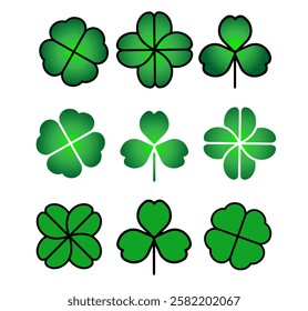 Green Shamrock clover icon.St Patrick day symbol, leprechaun leaf sign. Logo illustration. Shamrock clover flat decorative element. 