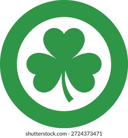 Grünes Schamfelsklee-Symbol, das in einer kreisförmigen Form platziert ist. Einfache, flache Vektorgrafik, die irisches Glück und den St. Patrick’s Day darstellt, einzeln auf weißem Hintergrund.