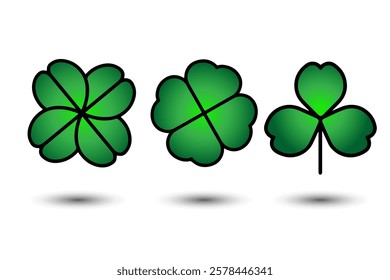 Green Shamrock clover icon.Shamrock clover isolated, flat decorative element. St Patrick day symbol, leprechaun leaf sign. 