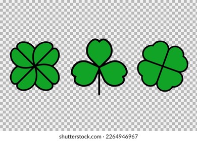 Green Shamrock clover vector icon. St Patrick day symbol, leprechaun leaf sign. Shamrock clover isolated, flat decorative element. Logo illustration.
