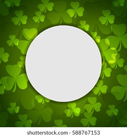 Green shamrock clovers and blank circle background. St. Patrick Day vector design