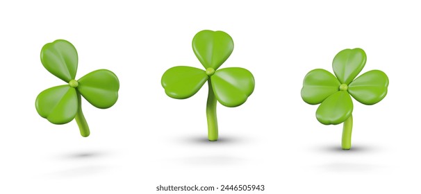 Green shamrock and four leaf clover in different positions. Vector plant in plasticine style