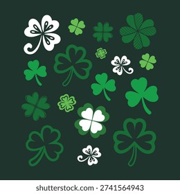 Green shamrock and four leaf clover icons set isolated on dark background, St Patrick's Day lucky symbols vector illustration
