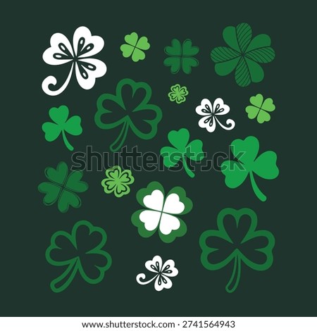 Green shamrock and four leaf clover icons set isolated on dark background, St Patrick's Day lucky symbols vector illustration