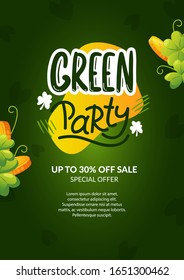 Green shamrock and golden coins with ad text. Saint Patrick's Day vector holiday poster design.