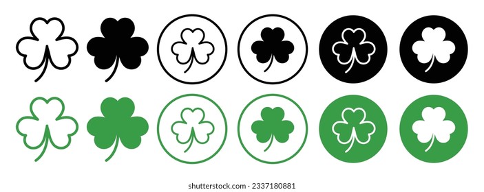 Green Shamrock leave icon set in black and green color. lucky irish shamrock vector symbol. good luck leaf sign set.