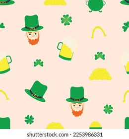 Green shamrock leaves and horseshoes, beer. St. Patricks day seamless background. Funny St. Patrick's leprechaun. Seasonal design for children's textiles, print