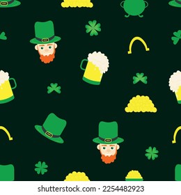 Green shamrock leaves and horseshoes, beer. St. Patricks day seamless background. Funny St. Patrick's leprechaun. Seasonal design for children's textiles, print