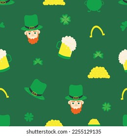 Green shamrock leaves and horseshoes, beer. St. Patricks day seamless background. Funny St. Patrick's leprechaun. Seasonal design for children's textiles, print