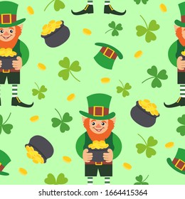 Green shamrock leaves and horseshoes . St. Patricks day seamless background. Funny St. Patrick's leprechaun.