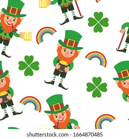 Green shamrock leaves and horseshoes . St. Patricks day seamless background. Funny St. Patrick's leprechaun.