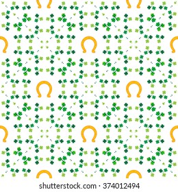 Green shamrock leaves and horseshoes . St. Patrick's day background. Vector illustration.