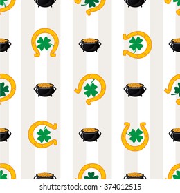 Green shamrock leaves and horseshoes . St. Patrick's day background. Vector illustration.