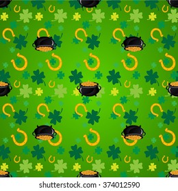 Green shamrock leaves and horseshoes . St. Patrick's day background. Vector illustration.