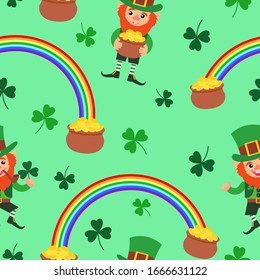 Green shamrock leaves, leprechaun and rainbow . St. Patricks day seamless background. Funny St. Patrick's leprechaun.