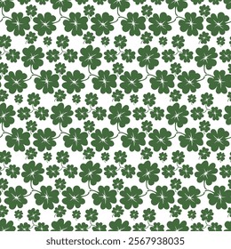 Green shamrock leaves on a white background. Clover leaves seamless pattern. Green Shamrock repetitive background. Vector illustration