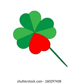 Green shamrock with red heart creating quatrefoil