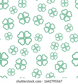 Green shamrock seamless pattern. Background of fourleaf clovers. Simple flat vector illustration.