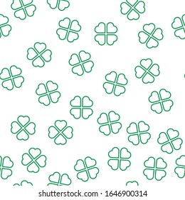 Green shamrock seamless pattern. Background of fourleaf clovers. Simple flat vector illustration.