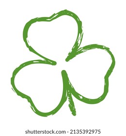 Green shamrock. Single clover on a white background isolated. A symbol of Ireland. Hand drawn vector element for St. Patrick's Day design