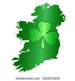 Green shamrock symbol and Ireland island silhouette. Image for Saint Patricks Day, also called Feast of Saint Patrick, celebrated on March seventeen. Isolated illustration, on white background. Vector